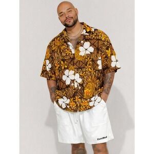 Vtg Made in Hawaii Hawaiian Camp Shirt Mens L Brown 70s Pineapple Hibiscus Aloha